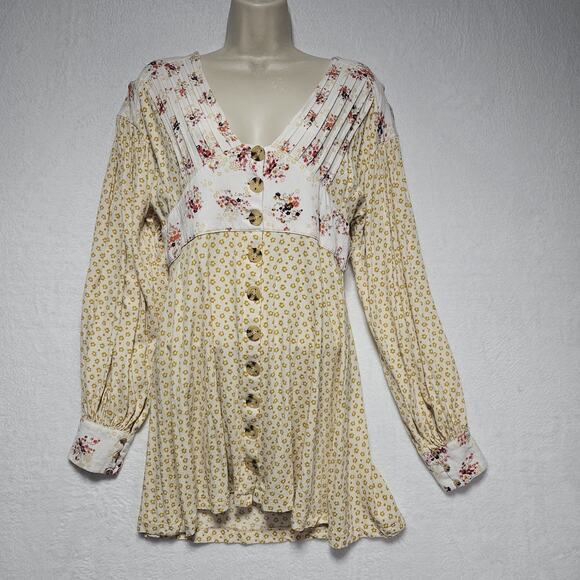 Free People Mini Dress Womens SZ M Floral Button Boho Hippie CottageCore Peasant - Picture 3 of 10